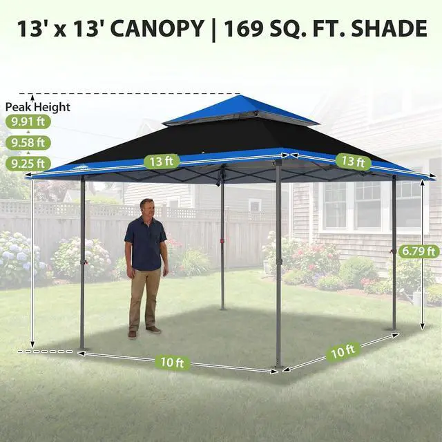 Alt view image 3 of 7 - 13x13 Straight Leg Pop Up Canopy Tent Instant Outdoor Canopy Easy Single Person Set up Folding Shelter w/Auto Extending Eaves 169 Square Feet of Shade (Black/Blue)
