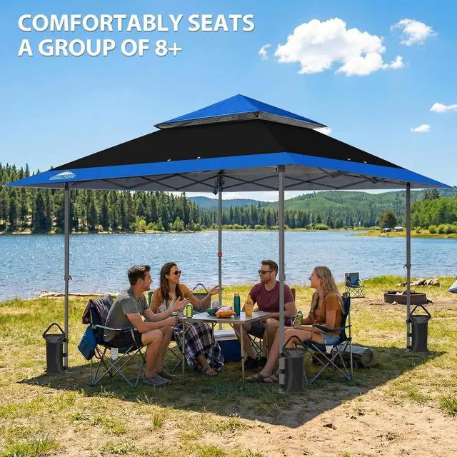 Alt view image 5 of 7 - 13x13 Straight Leg Pop Up Canopy Tent Instant Outdoor Canopy Easy Single Person Set up Folding Shelter w/Auto Extending Eaves 169 Square Feet of Shade (Black/Blue)