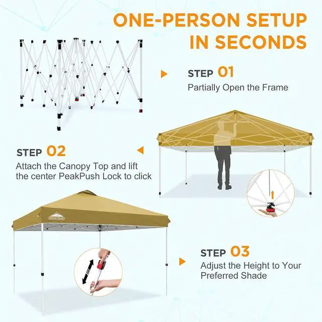 Alt view image 7 of 7 - Pop Up Canopy Tent with Wheeled Carry Bag, 8 Stakes, 4 Ropes, 4 Weight Bags, Easy Set Up Tent Canopy, 12x12 ft, 144sqft of Shade, Beige