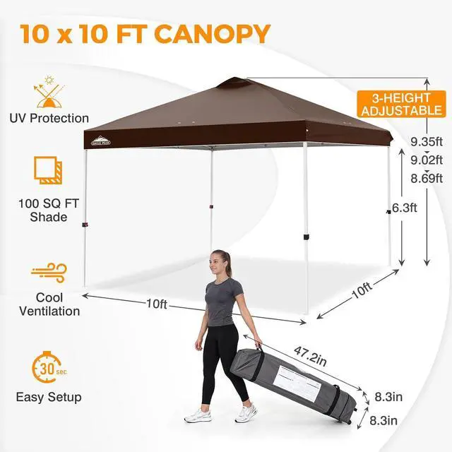 Alt view image 3 of 7 - Pop Up Canopy Tent with Wheeled Carry Bag, 8 Stakes, 4 Ropes, 4 Weight Bags, Easy Set Up Tent Canopy, 10x10 ft, 100sqft of Shade, Brown