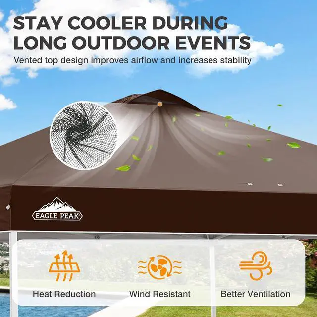 Alt view image 2 of 7 - Pop Up Canopy Tent with Wheeled Carry Bag, 8 Stakes, 4 Ropes, 4 Weight Bags, Easy Set Up Tent Canopy, 10x10 ft, 100sqft of Shade, Brown