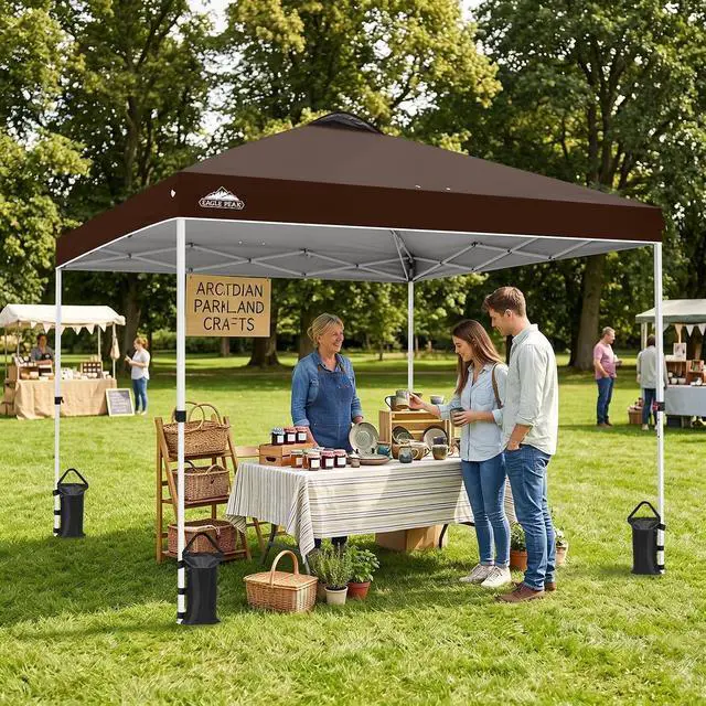 Alt view image 6 of 7 - Pop Up Canopy Tent with Wheeled Carry Bag, 8 Stakes, 4 Ropes, 4 Weight Bags, Easy Set Up Tent Canopy, 10x10 ft, 100sqft of Shade, Brown