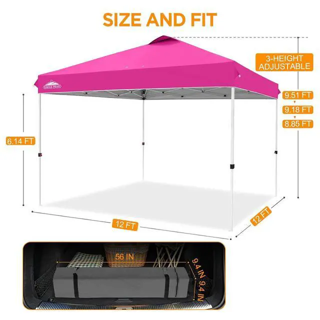 Alt view image 3 of 7 - Pop Up Canopy Tent with Wheeled Carry Bag, 8 Stakes, 4 Ropes, 4 Weight Bags, Easy Set Up Tent Canopy, 12x12 ft, 144sqft of Shade, Pink