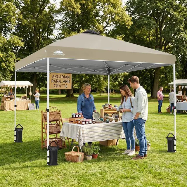 Alt view image 6 of 7 - Pop Up Canopy Tent with Wheeled Carry Bag, 8 Stakes, 4 Ropes, 4 Weight Bags, Easy Set Up Tent Canopy, 10x10 ft, 100sqft of Shade, Light Beige