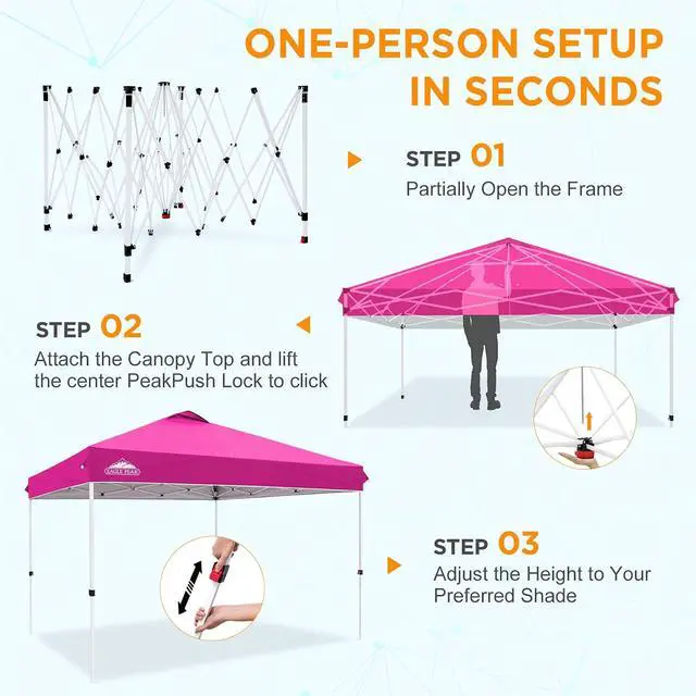 Alt view image 7 of 7 - Pop Up Canopy Tent with Wheeled Carry Bag, 8 Stakes, 4 Ropes, 4 Weight Bags, Easy Set Up Tent Canopy, 12x12 ft, 144sqft of Shade, Pink