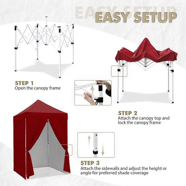 Alt view image 2 of 7 - 5x5 Instant Canopy with 4-Side Wall Panels, Small Pop up Portable Canopy Tent with Carry Bag, Light Weight Sun Shelter for Sports, Camping and Beach, Burgundy