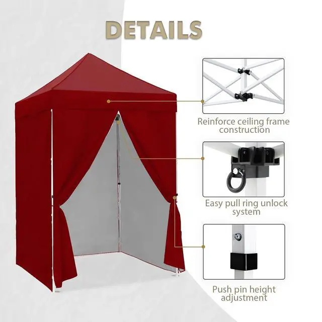 Alt view image 4 of 7 - 5x5 Instant Canopy with 4-Side Wall Panels, Small Pop up Portable Canopy Tent with Carry Bag, Light Weight Sun Shelter for Sports, Camping and Beach, Burgundy
