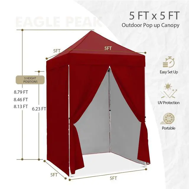 Alt view image 3 of 7 - 5x5 Instant Canopy with 4-Side Wall Panels, Small Pop up Portable Canopy Tent with Carry Bag, Light Weight Sun Shelter for Sports, Camping and Beach, Burgundy