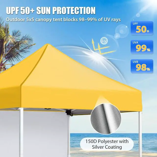 Alt view image 2 of 7 - Pop up Canopy 5x5, Outdoor Portable Canopy Tent with One Removable Sunwall, Carry Bag Included, Yellow