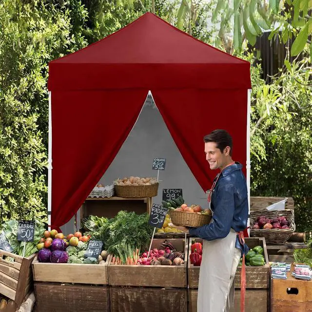 Alt view image 7 of 7 - 5x5 Instant Canopy with 4-Side Wall Panels, Small Pop up Portable Canopy Tent with Carry Bag, Light Weight Sun Shelter for Sports, Camping and Beach, Burgundy