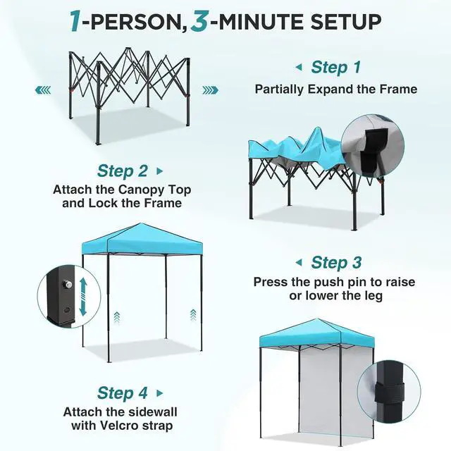 Alt view image 2 of 7 - 6x4 Instant Pop Up Canopy Tent with 1 Side Wall Panel, Straight Leg Sun Shelter, Portable Canopy with Carry Bag for Camping, Beach & Sports, Light Blue