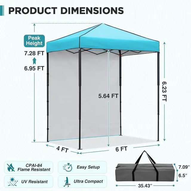 Alt view image 3 of 7 - 6x4 Instant Pop Up Canopy Tent with 1 Side Wall Panel, Straight Leg Sun Shelter, Portable Canopy with Carry Bag for Camping, Beach & Sports, Light Blue