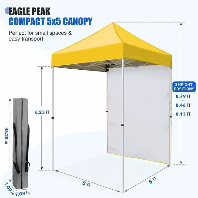 Alt view image 3 of 7 - Pop up Canopy 5x5, Outdoor Portable Canopy Tent with One Removable Sunwall, Carry Bag Included, Yellow
