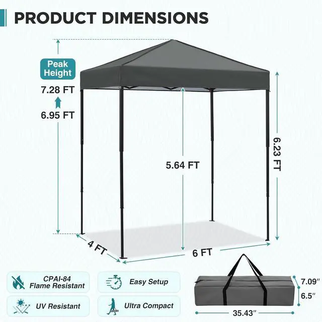 Alt view image 3 of 7 - 6x4 Instant Pop Up Canopy Tent, Straight Leg Sun Shelter, Portable Canopy with Carry Bag for Camping, Beach & Sports, Dark Gray