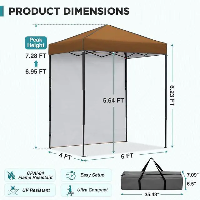 Alt view image 3 of 7 - 6x4 Instant Pop Up Canopy Tent with 1 Side Wall Panel, Straight Leg Sun Shelter, Portable Canopy with Carry Bag for Camping, Beach & Sports, Khaki