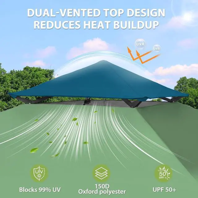 Alt view image 2 of 7 - 13x13 Straight Leg Pop Up Canopy Tent Instant Outdoor Canopy Easy Single Person Set up Folding Shelter w/Auto Extending Eaves 169 Square Feet of Shade (Light Green/Blue)