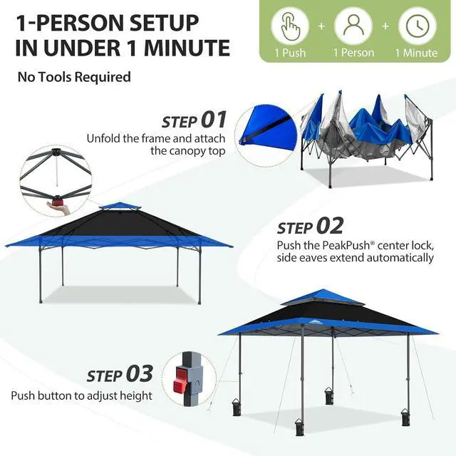 Alt view image 7 of 7 - 13x13 Straight Leg Pop Up Canopy Tent Instant Outdoor Canopy Easy Single Person Set up Folding Shelter w/Auto Extending Eaves 169 Square Feet of Shade (Black/Blue)