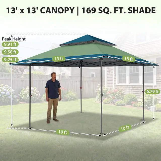 Alt view image 3 of 7 - 13x13 Straight Leg Pop Up Canopy Tent Instant Outdoor Canopy Easy Single Person Set up Folding Shelter w/Auto Extending Eaves 169 Square Feet of Shade (Light Green/Blue)