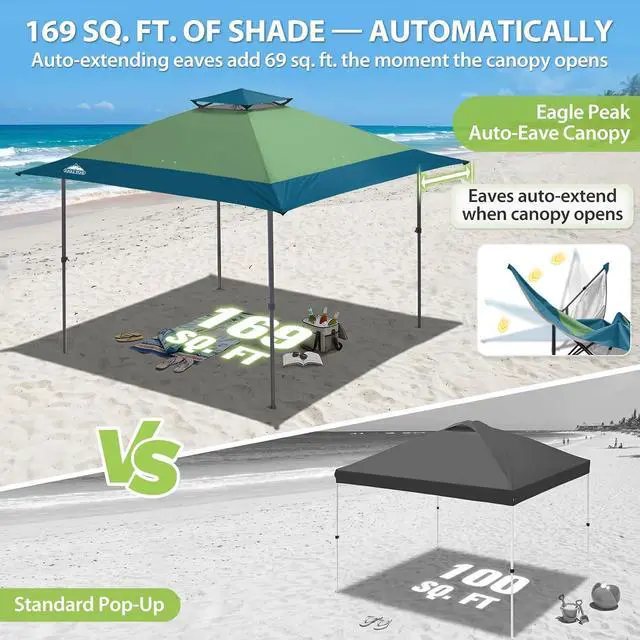 Alt view image 4 of 7 - 13x13 Straight Leg Pop Up Canopy Tent Instant Outdoor Canopy Easy Single Person Set up Folding Shelter w/Auto Extending Eaves 169 Square Feet of Shade (Light Green/Blue)