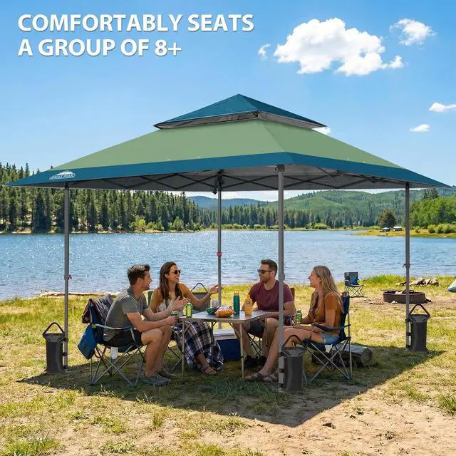 Alt view image 5 of 7 - 13x13 Straight Leg Pop Up Canopy Tent Instant Outdoor Canopy Easy Single Person Set up Folding Shelter w/Auto Extending Eaves 169 Square Feet of Shade (Light Green/Blue)
