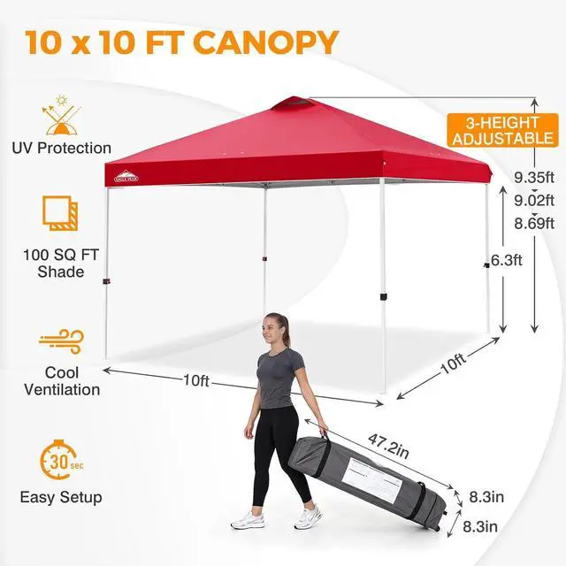Alt view image 3 of 7 - Pop Up Canopy Tent with Wheeled Carry Bag, 8 Stakes, 4 Ropes, 4 Weight Bags, Easy Set Up Tent Canopy, 10x10 ft, 100sqft of Shade, Red