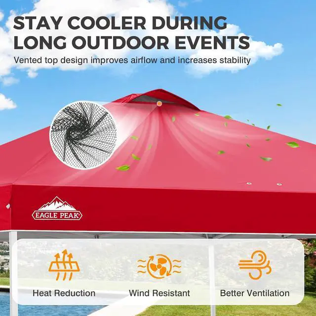 Alt view image 2 of 7 - Pop Up Canopy Tent with Wheeled Carry Bag, 8 Stakes, 4 Ropes, 4 Weight Bags, Easy Set Up Tent Canopy, 10x10 ft, 100sqft of Shade, Red