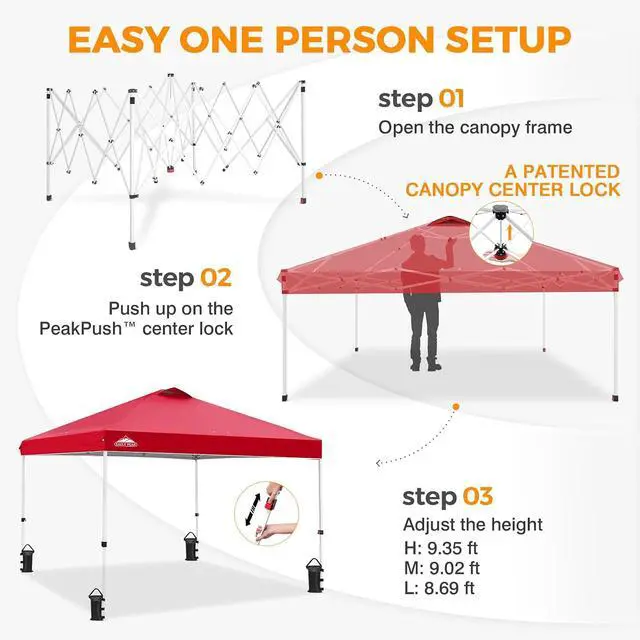 Alt view image 6 of 7 - Pop Up Canopy Tent with Wheeled Carry Bag, 8 Stakes, 4 Ropes, 4 Weight Bags, Easy Set Up Tent Canopy, 10x10 ft, 100sqft of Shade, Red