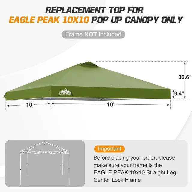 Alt view image 2 of 7 - Replacement Canopy Top for Eagle Peak 10x10 Straight Leg Pop Up Canopy Frame Only, Canopy Cover with Air Vent, UPF 50+, Frame NOT Included, Grass Green