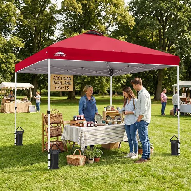 Alt view image 5 of 7 - Pop Up Canopy Tent with Wheeled Carry Bag, 8 Stakes, 4 Ropes, 4 Weight Bags, Easy Set Up Tent Canopy, 10x10 ft, 100sqft of Shade, Red