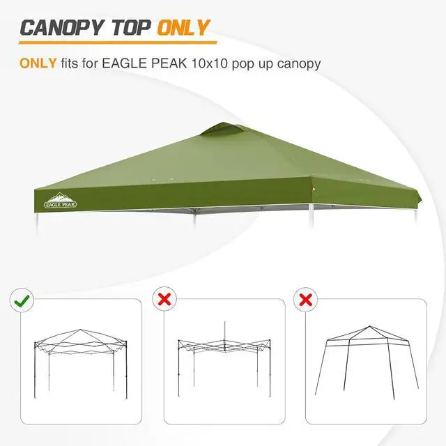 Alt view image 7 of 7 - Replacement Canopy Top for Eagle Peak 10x10 Straight Leg Pop Up Canopy Frame Only, Canopy Cover with Air Vent, UPF 50+, Frame NOT Included, Grass Green