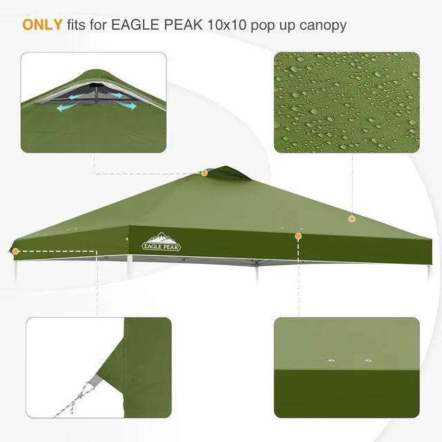 Alt view image 4 of 7 - Replacement Canopy Top for Eagle Peak 10x10 Straight Leg Pop Up Canopy Frame Only, Canopy Cover with Air Vent, UPF 50+, Frame NOT Included, Grass Green