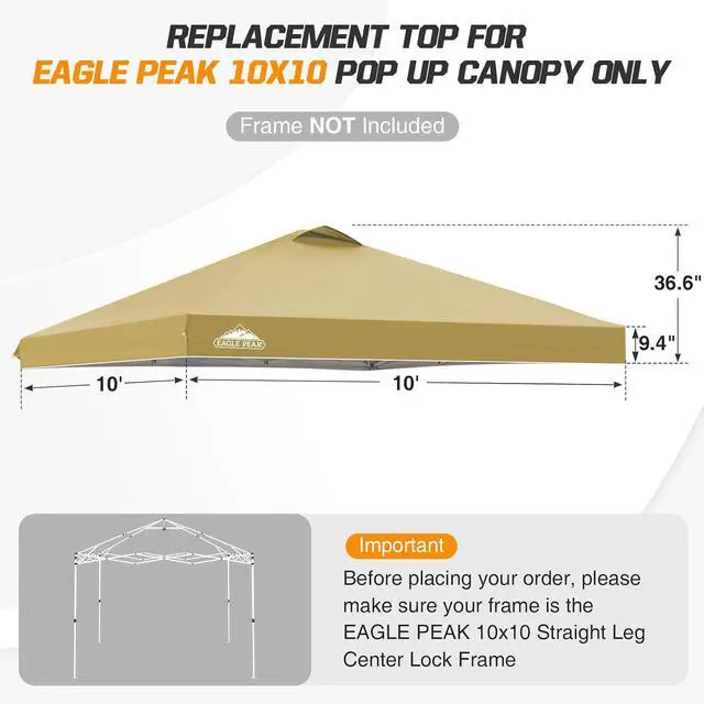 Alt view image 2 of 7 - Replacement Canopy Top for Eagle Peak 10x10 Straight Leg Pop Up Canopy Frame Only, Canopy Cover with Air Vent, UPF 50+, Frame NOT Included, Beige