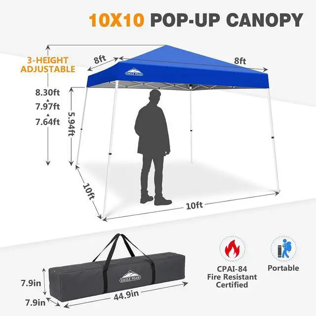 Alt view image 3 of 7 - 10x10 Slant Leg Pop-up Canopy Tent Easy One Person Setup Instant Outdoor Beach Canopy Folding Portable Sports Shelter 10x10 Base 8x8 Top (Blue)
