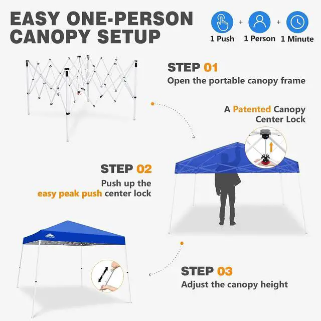 Alt view image 7 of 7 - 10x10 Slant Leg Pop-up Canopy Tent Easy One Person Setup Instant Outdoor Beach Canopy Folding Portable Sports Shelter 10x10 Base 8x8 Top (Blue)