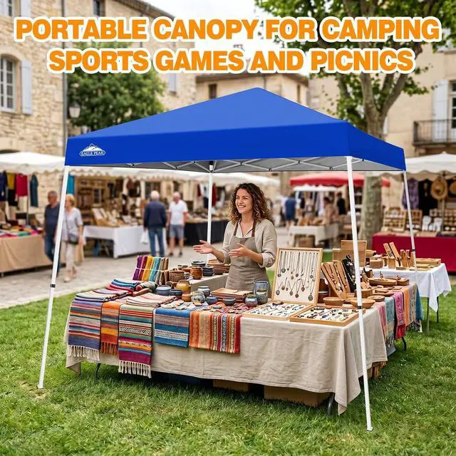 Alt view image 6 of 7 - 10x10 Slant Leg Pop-up Canopy Tent Easy One Person Setup Instant Outdoor Beach Canopy Folding Portable Sports Shelter 10x10 Base 8x8 Top (Blue)