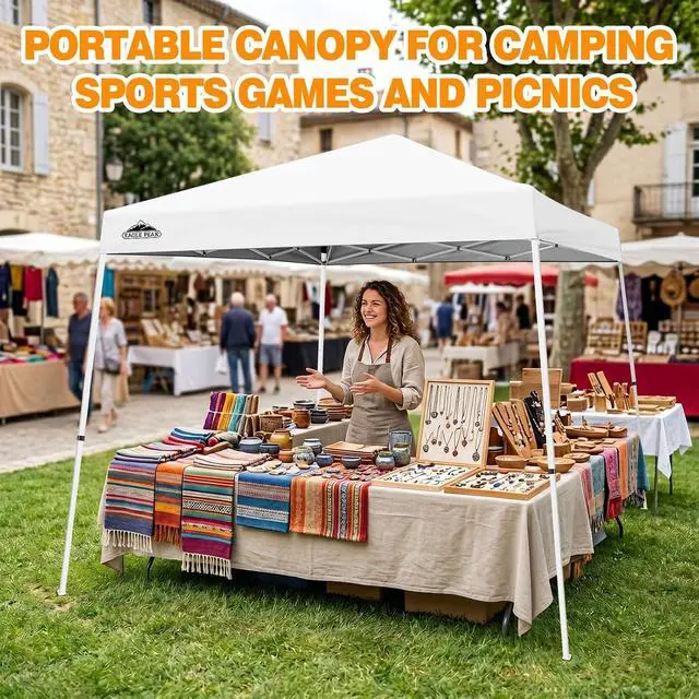 Alt view image 5 of 7 - 10x10 Slant Leg Pop-up Canopy Tent Easy One Person Setup Instant Outdoor Beach Canopy Folding Portable Sports Shelter 10x10 Base 8x8 Top (White)