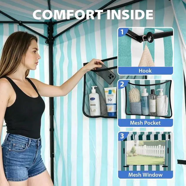 Alt view image 2 of 7 - Flex Compact 4x4 Pop-up Canopy Changing Room, Portable Privacy Dressing Room for Indoor Fashion Photoshoots, Camping, or Pool, White/Light Blue