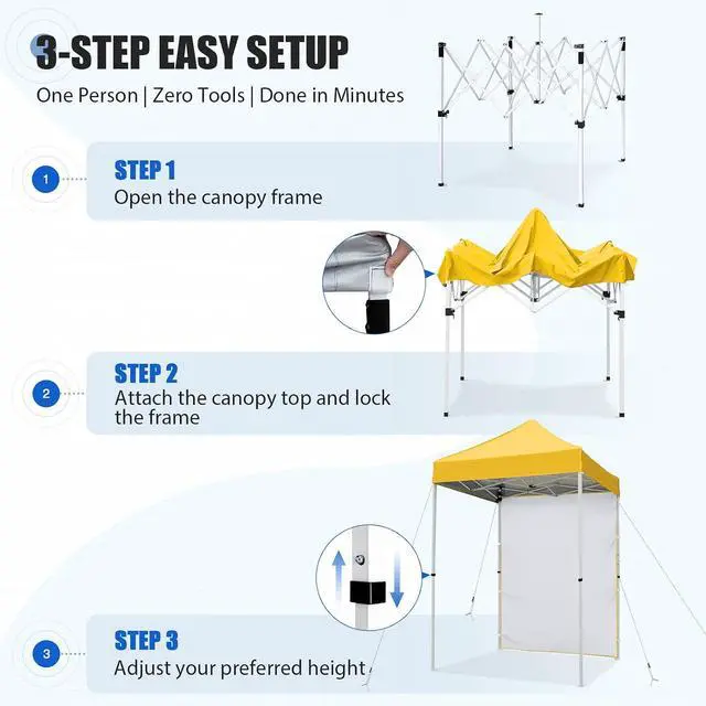 Alt view image 7 of 7 - Pop up Canopy 5x5, Outdoor Portable Canopy Tent with One Removable Sunwall, Carry Bag Included, Yellow