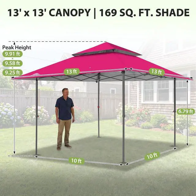 Alt view image 3 of 7 - 13x13 Straight Leg Pop Up Canopy Tent Instant Outdoor Canopy Easy Single Person Set up Folding Shelter w/Auto Extending Eaves 169 Square Feet of Shade (Deep Pink)