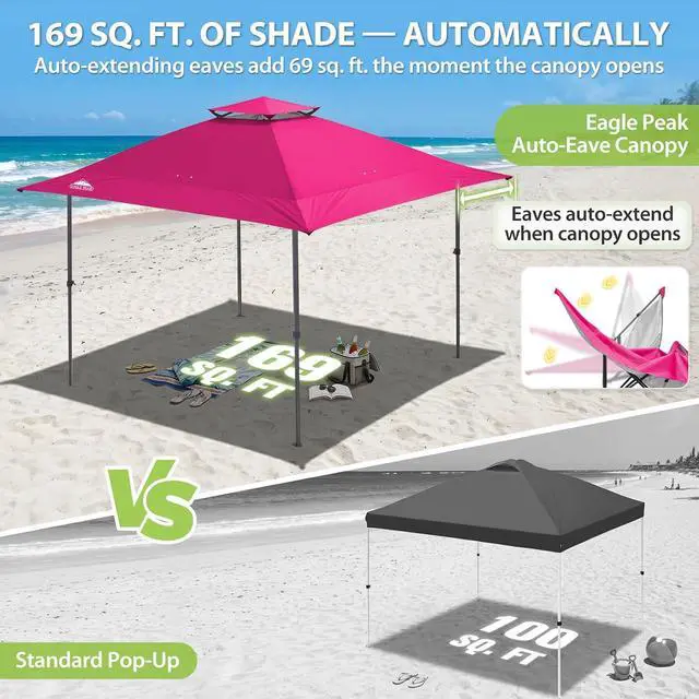 Alt view image 4 of 7 - 13x13 Straight Leg Pop Up Canopy Tent Instant Outdoor Canopy Easy Single Person Set up Folding Shelter w/Auto Extending Eaves 169 Square Feet of Shade (Deep Pink)