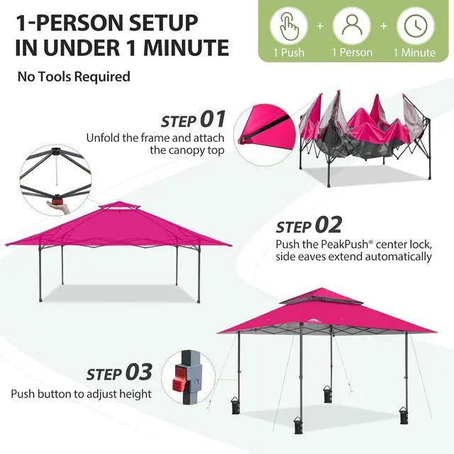 Alt view image 7 of 7 - 13x13 Straight Leg Pop Up Canopy Tent Instant Outdoor Canopy Easy Single Person Set up Folding Shelter w/Auto Extending Eaves 169 Square Feet of Shade (Deep Pink)