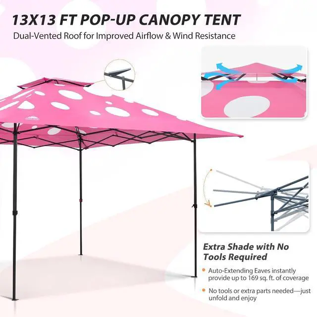 Alt view image 4 of 7 - 13x13 Straight Leg Pop Up Canopy Tent Instant Outdoor Canopy Easy Single Person Set up Folding Shelter w/Auto Extending Eaves 169 Square Feet of Shade (Pink Mushroom)