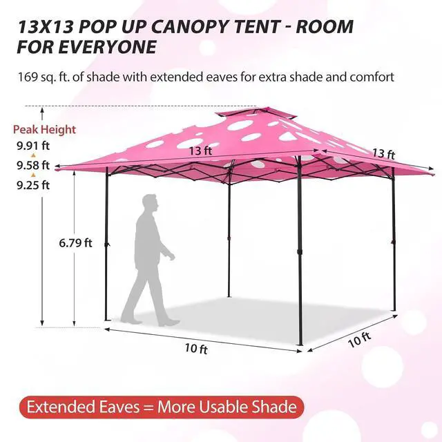Alt view image 3 of 7 - 13x13 Straight Leg Pop Up Canopy Tent Instant Outdoor Canopy Easy Single Person Set up Folding Shelter w/Auto Extending Eaves 169 Square Feet of Shade (Pink Mushroom)