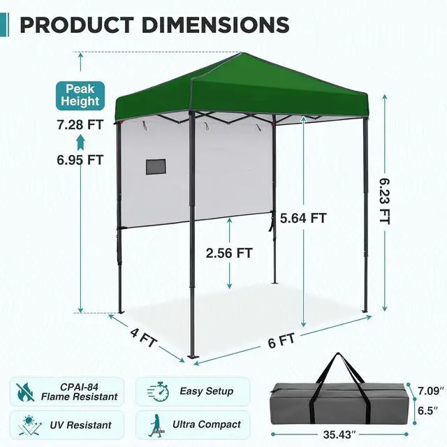 Alt view image 3 of 7 - 6x4 Instant Pop Up Canopy Tent with 1 Half Wall Panel, Straight Leg Sun Shelter, Portable Canopy with Carry Bag for Camping, Beach & Sports, Green