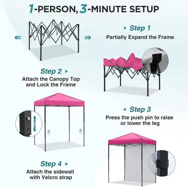 Alt view image 2 of 7 - 6x4 Instant Pop Up Canopy Tent with 1 Side Wall Panel, Straight Leg Sun Shelter, Portable Canopy with Carry Bag for Camping, Beach & Sports, Pink