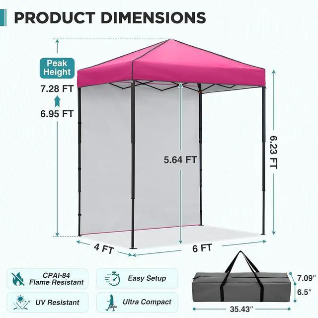 Alt view image 3 of 7 - 6x4 Instant Pop Up Canopy Tent with 1 Side Wall Panel, Straight Leg Sun Shelter, Portable Canopy with Carry Bag for Camping, Beach & Sports, Pink