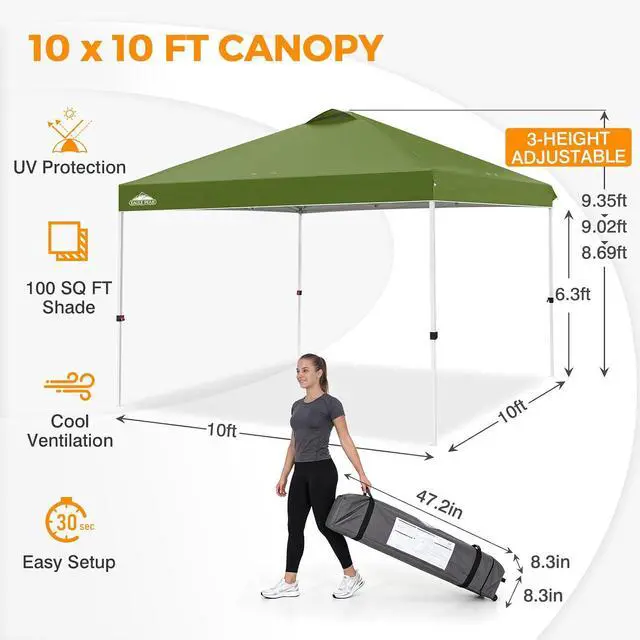 Alt view image 3 of 7 - Pop Up Canopy Tent with Wheeled Carry Bag, 8 Stakes, 4 Ropes, 4 Weight Bags, Easy Set Up Tent Canopy, 10x10 ft, 100sqft of Shade, Grass Green