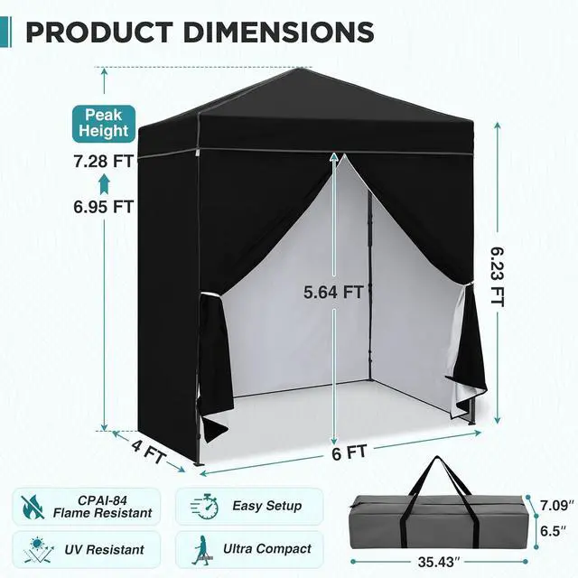Alt view image 3 of 7 - 6x4 Instant Pop Up Canopy Tent with 4 Side Wall Panels, Straight Leg Sun Shelter, Portable Canopy with Carry Bag for Camping, Beach & Sports, Black