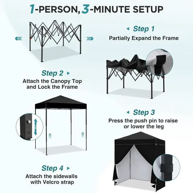Alt view image 2 of 7 - 6x4 Instant Pop Up Canopy Tent with 4 Side Wall Panels, Straight Leg Sun Shelter, Portable Canopy with Carry Bag for Camping, Beach & Sports, Black