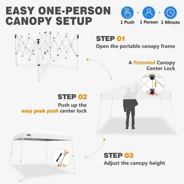 Alt view image 6 of 7 - 10x10 Slant Leg Pop-up Canopy Tent Easy One Person Setup Instant Outdoor Beach Canopy Folding Portable Sports Shelter 10x10 Base 8x8 Top (White)